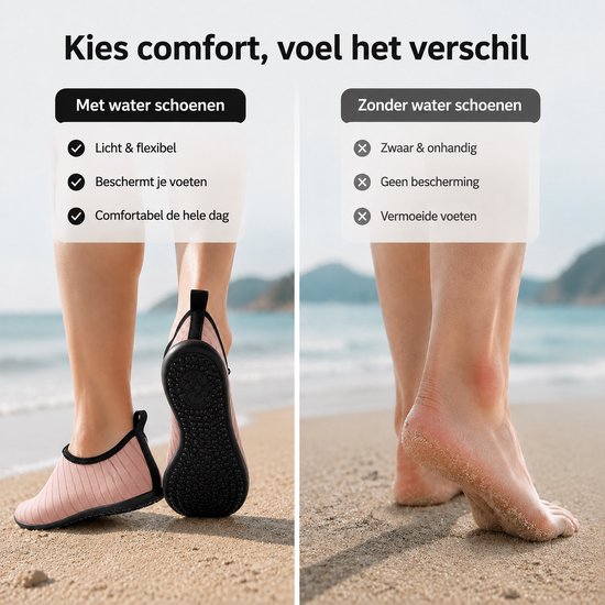 Vrouw op strand met roze waterschoenen aan (links) en blote voeten (rechts).