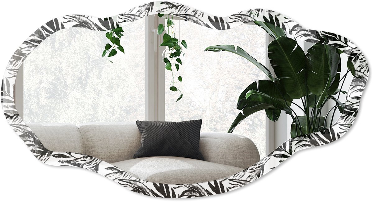 Wallfluent Plantenpatroon Spiegel - Zwart Rechthoekige Spiegel Met Modern Design - Organische Spiegel - Woonkamer - Illustratief - 45x90 cm - Totale afmeting 52x97 cm