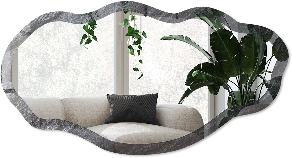 Wallfluent Zwarte Textuur Spiegel - Zwart Rechthoekige Spiegel Voor Interieur - Organische Spiegel - Badkamer, Kantoor, Woonkamer - Minimalistisch - 45x90 cm - Totale afmeting 52x97 cm