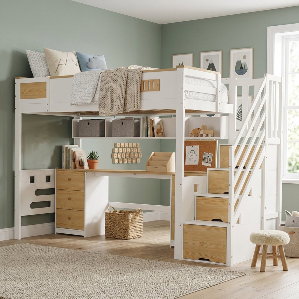 STILVORA Hoogslaper 90x200 cm Met Bureau En Opbergruimte – Trap Met Laden En Hangrek – Voor Kinderkamer En Jeugdkamer – Wit Naturel – Zonder Matras