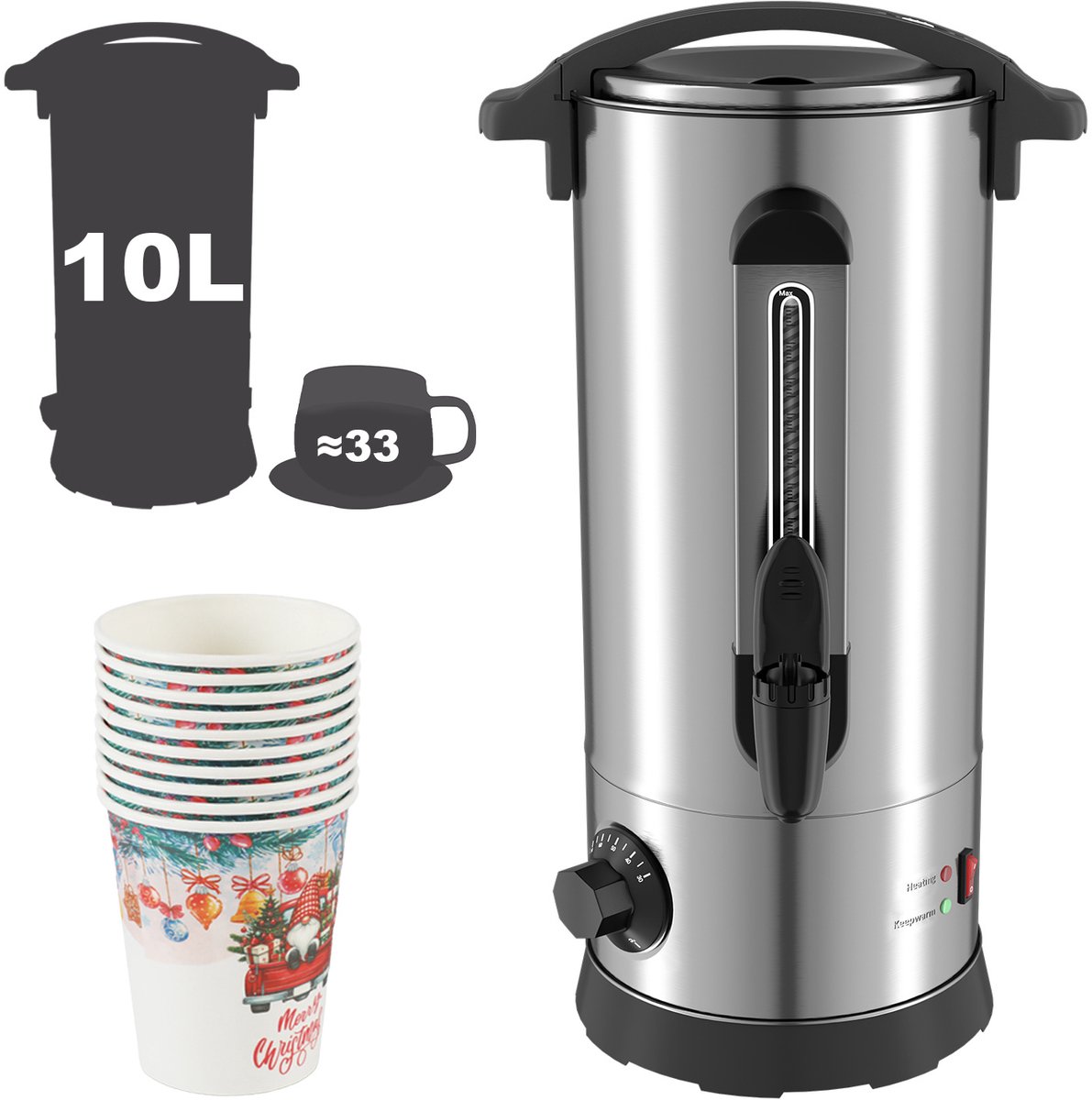 glühweinpan 10 L – heetwaterdispenser 1500 W, tapkraan, 30–110 °C, inclusief 10 bekers