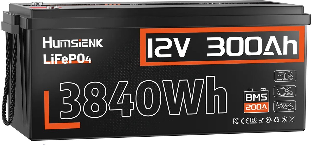 12V 300Ah 3,84kWh LiFePO4-accu voor camper en thuis | 6000+ cycli bij 80% DOD (10+ jaar) | 200A continue BMS voor motor, airco, koelkast & omvormer | Bescherming tegen overladen, ontladen, kortsluiting & oververhitting