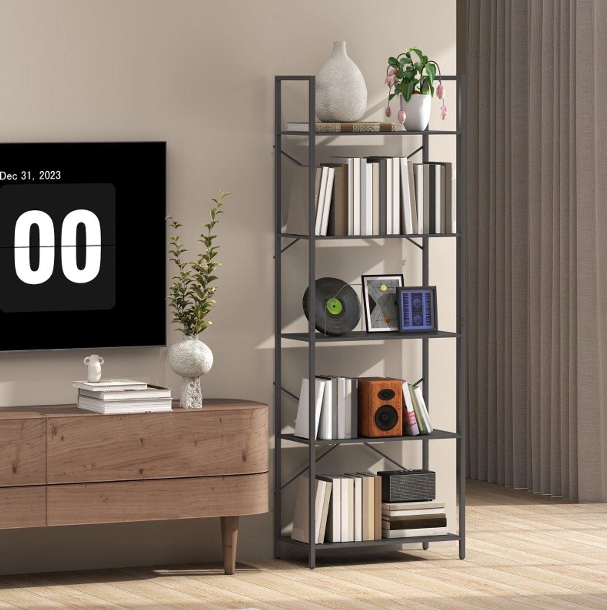 REDOM - Boekenkast - 5 niveaus - Open staand rek met X-rugsteun en anti-kantelvoorziening - Industriële stijl - Woonkamer of kantoor - Metaal - Zwart - 60 x 30 x 170,5 cm