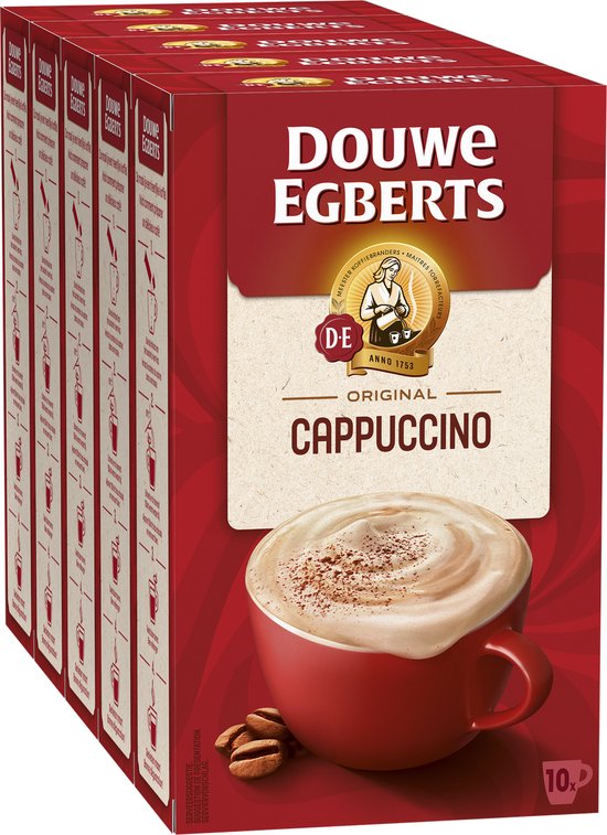Verpakking met 5 dozen Douwe Egberts Original Cappuccino. Elke doos bevat 10 zakjes.