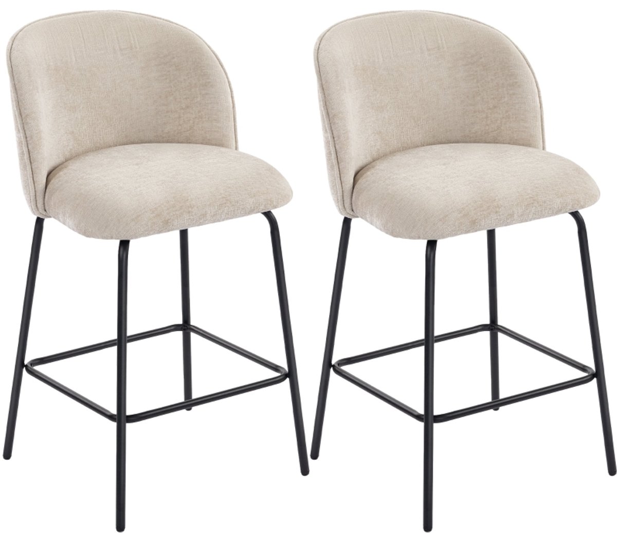 Clruro Barkrukken - 68 cm Zithoogte - 2 Stuks met Rugleuning - Voetsteun - Stof/Staal - Beige