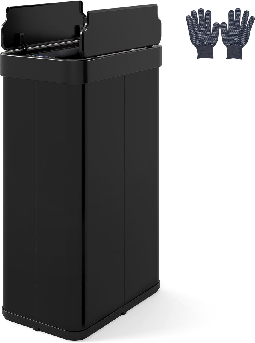COSTWAY Vuilnisemmer keuken, 60 liter, afvalemmer van roestvrij staal met sensor, vleugelkleppen en handschoenen, slanke keukenafvalemmer, automatisch, voor keuken, badkamer, slaapkamer (zwart)