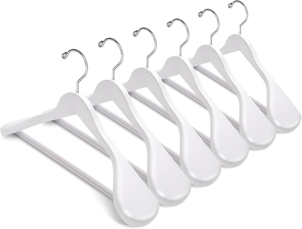 Houten kleerhangers - Wit - 44,5 cm - Massief Hout met Brede Schouders en Antislip Stang - Voor Jas en Kostuum