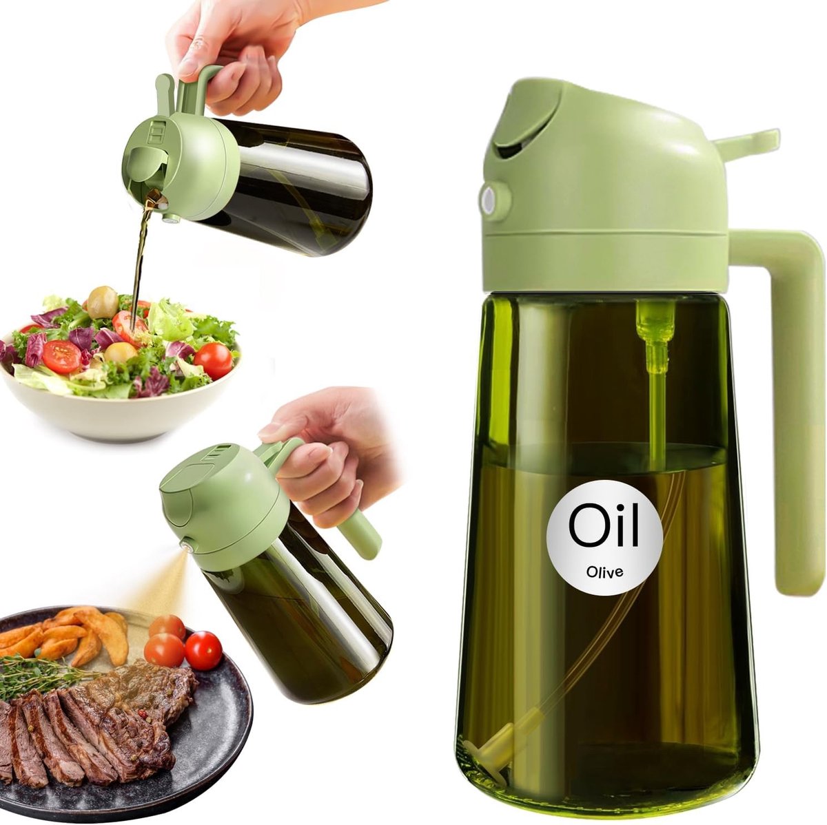 Olijfoliesprayer - Groen - 470 ml - BPA-vrije PP en Glas - 2-in-1 Olieverstuiver voor Koken
