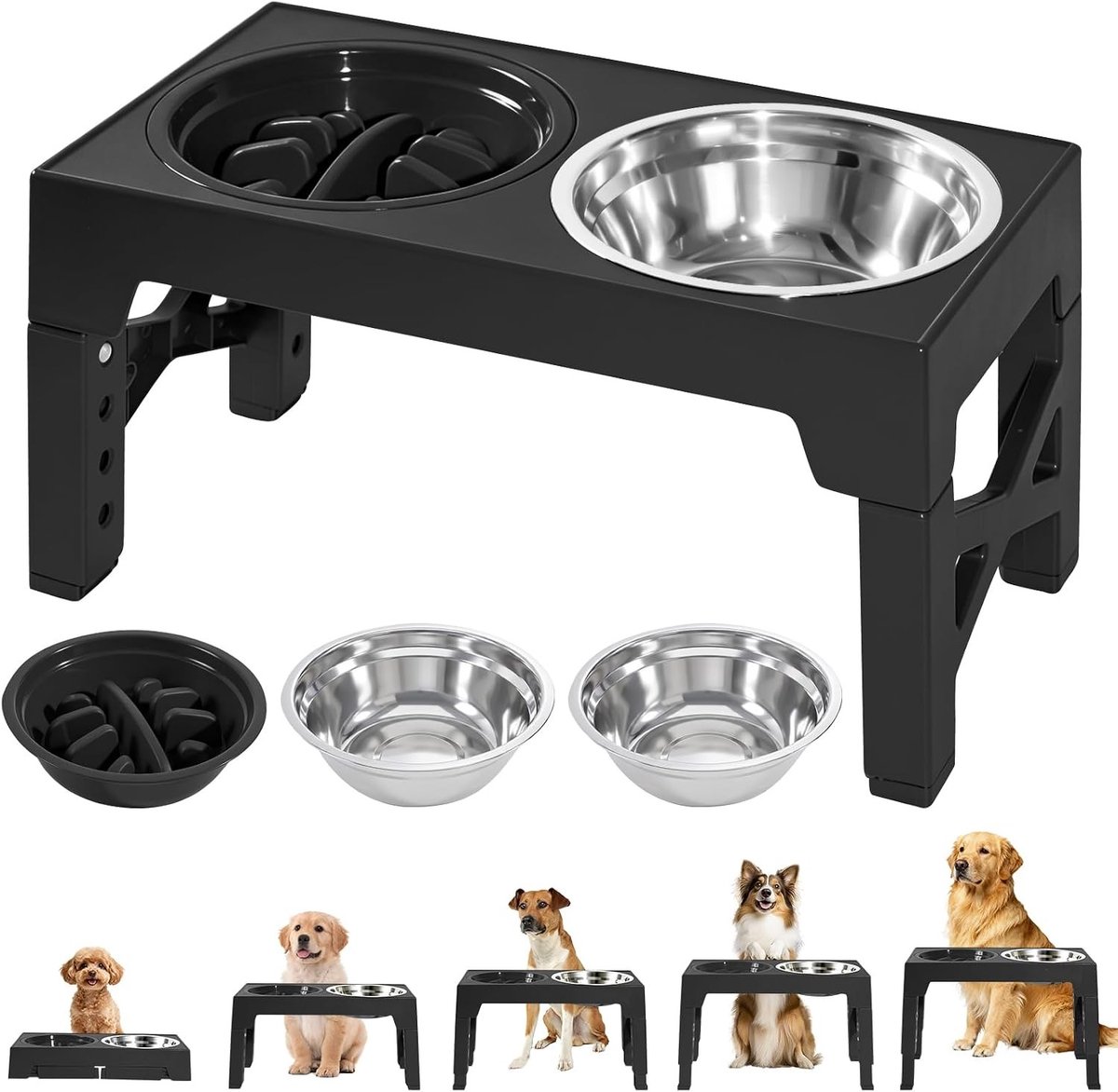Verhoogde voerbak voor grote hond - Zwart - 43 x 23 x 8 cm - Verstelbare Hondenbak met 2 Roestvrijstalen Kommen en Slow Feeder - Voor Kleine tot Grote Honden