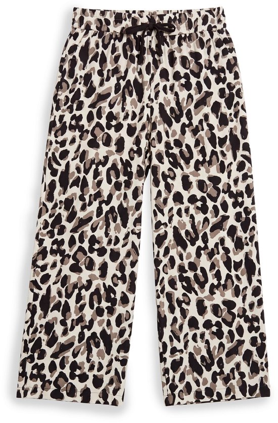 Wijd uitlopende culottebroek met luipaardprint in bruin en beige, met strikceintuur.
