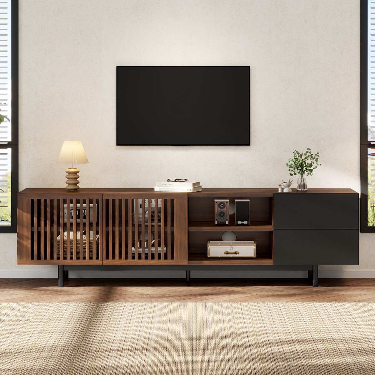 OKWISH TV Meubel - 160 x 38 x 50 cm - 2 Deuren En 2 Laden - Open Vakken Met Kabeldoorvoer - MDF Zwart En Naturel Houtlook Zwart + natuurhoutkleur
