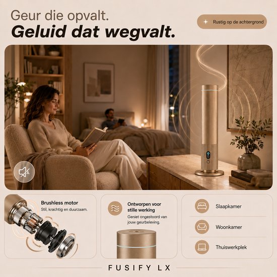 Vrouw leest boek in woonkamer met gouden FUSIFY LX geurverspreider. Stil, krachtig, duurzaam en ontworpen voor stille werking.