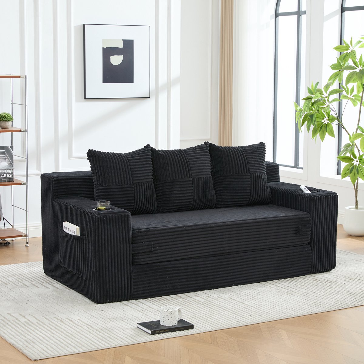 MIVRAY Bank 3-Zits 172 Cm Zwart - Modulair Met Bekerhouders En Zijvakken - Voor Woonkamer En Appartement - Corduroy - Zwart