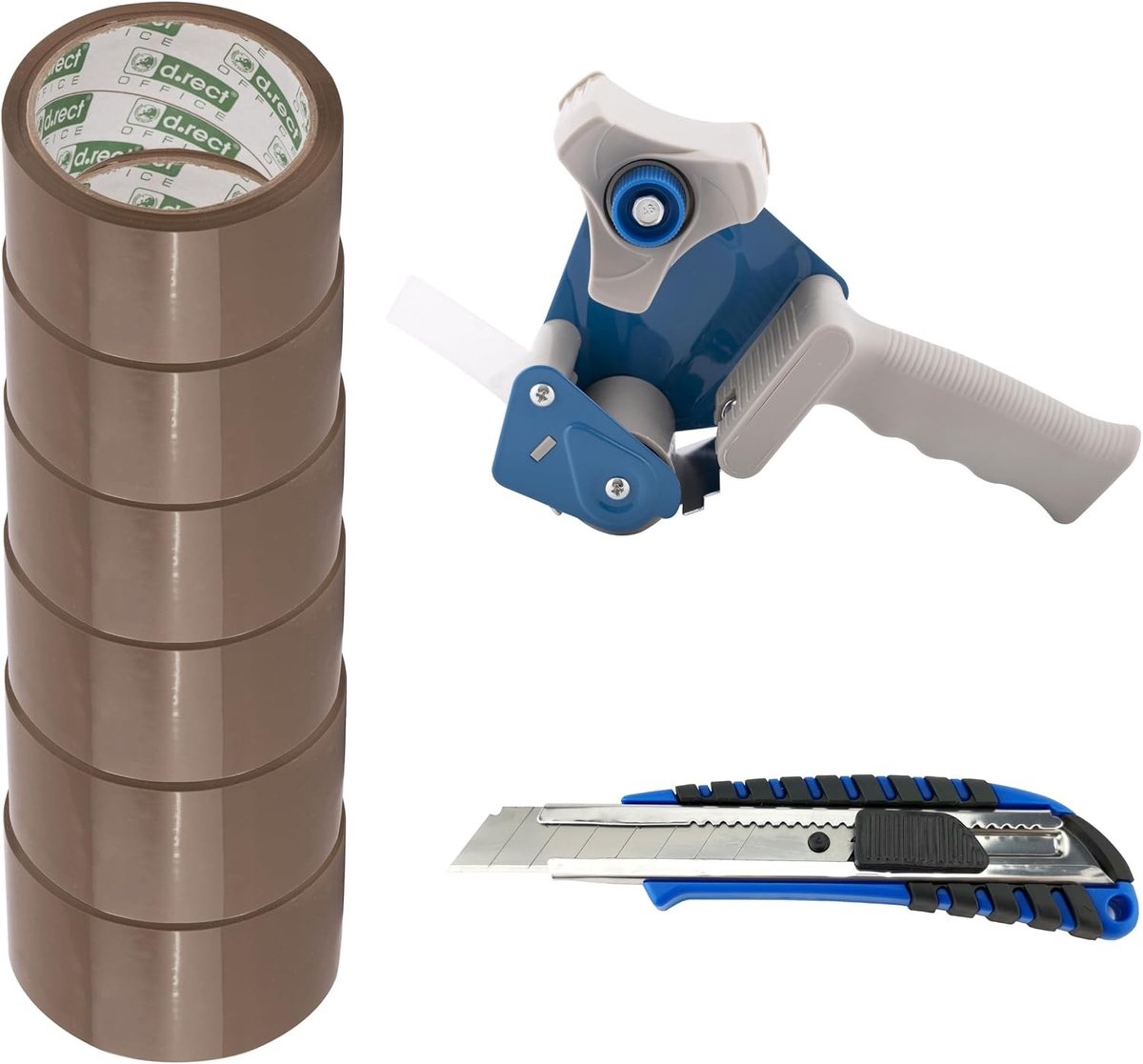 Plakband-handafroller met 6 Bruine Pakketrollen - Bruin - 50 m x 48 mm - Inclusief Snijmes met Rubberen Handgreep - Voor Verpakken en Repareren