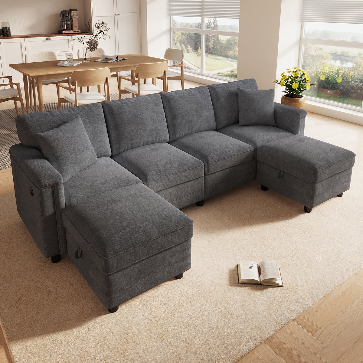 MIVRAY Modulaire Bank 261 x 134 x 82 cm - Veranderbaar In L Vorm En U Vorm Met Opberghockers - Woonkamer En Appartement - Chenille Grijs