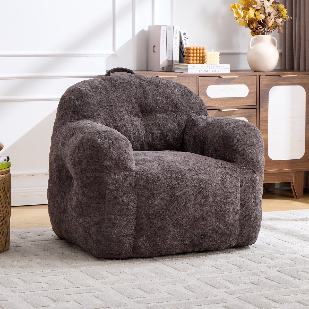 MIVRAY Zitzakstoel 95 X 95 X 79 Cm - Met Rugleuning En Armleuningen - Comfortabele Loungestoel Voor Woonkamer, Slaapkamer En Leeshoek - Imitatiebont Donkergrijs