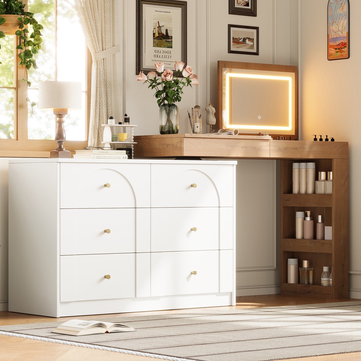 Kaptafel Met Led Verlichting En Draaibare Opstelling - 7 Lades, Opbergvak En Klapdesign Voor Slaapkamer En Werkplek - Wit En Houtlook - 105 X 40 X 80 Cm