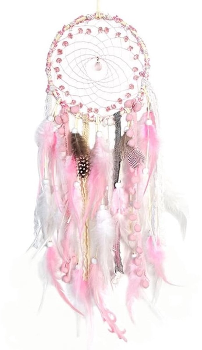 Dromenvanger - Vintage Dromenvanger - Handgemaakt Ornament - Roze - Boheemse Stijl - Kamerdecoratie - 67 cm