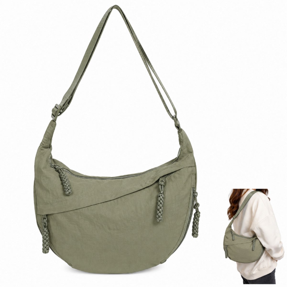 Tas-Modieuze Crescent Crossbody Tas -Dames heuptasje-Nylon Schoudertas Dames - Lichtgewicht Hobo Bag voor Dames - Dumpling Tas voor Reizen en Outdoor - Multifunctionele Handtas met Gesp - -groente