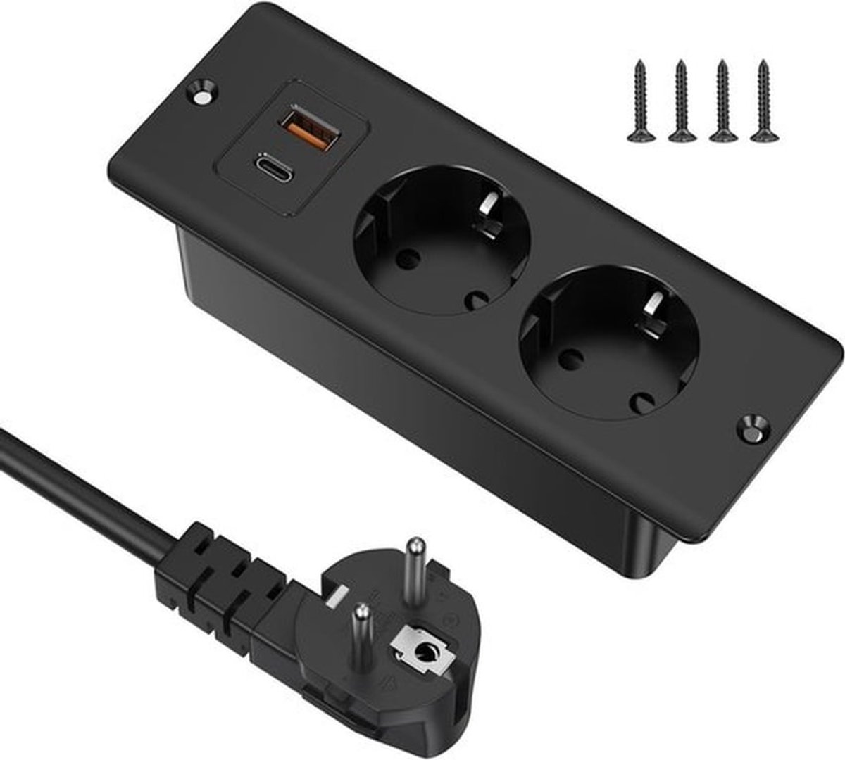 Tafelaansluiting met 2 USB-poorten en 2-voudige stroomstrip, 2 meter kabel voor meubels en werkplekken