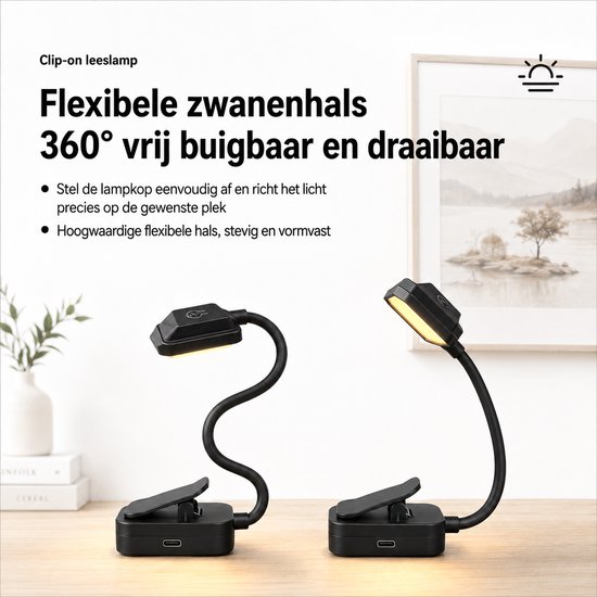Leeslampje voor boek - Boeklampje - Klemlamp - 3 LED Kleuren - Staand Bedlampje Lamp - USB Oplaadbaar - Dimbaar - Zwart — afbeelding 4