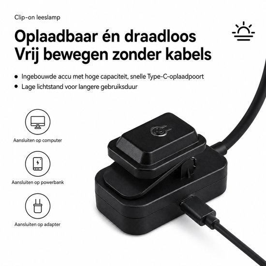 Leeslampje voor boek - Boeklampje - Klemlamp - 3 LED Kleuren - Staand Bedlampje Lamp - USB Oplaadbaar - Dimbaar - Zwart — afbeelding 3