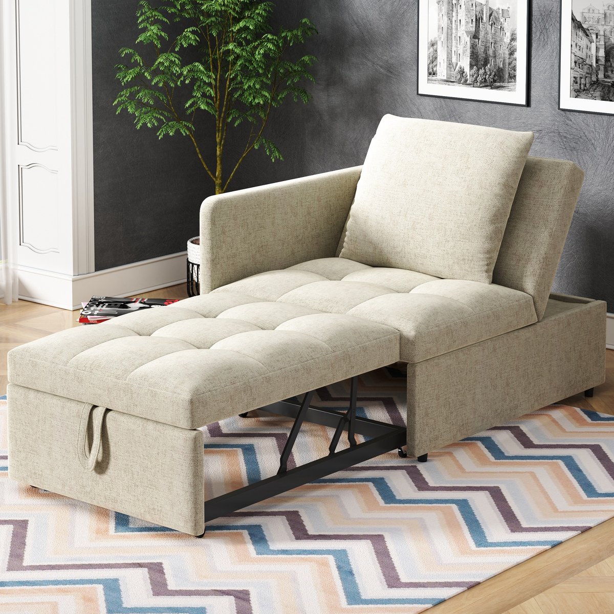 Sweiko Chaise longue - Fauteuil - Slaapbank - Verstelbare rugleuning - Linnen - Beige