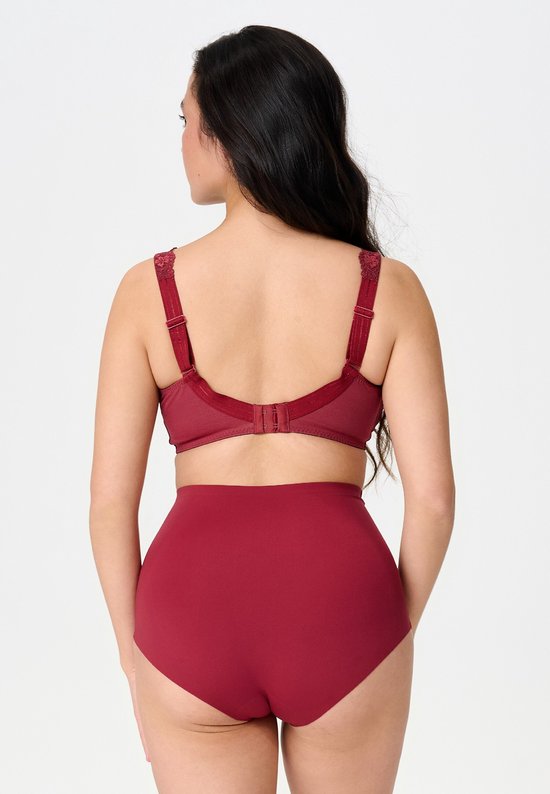 Achteraanzicht van een model met een bordeauxrode bh met kanten bandjes en een bijpassende hoge slip.