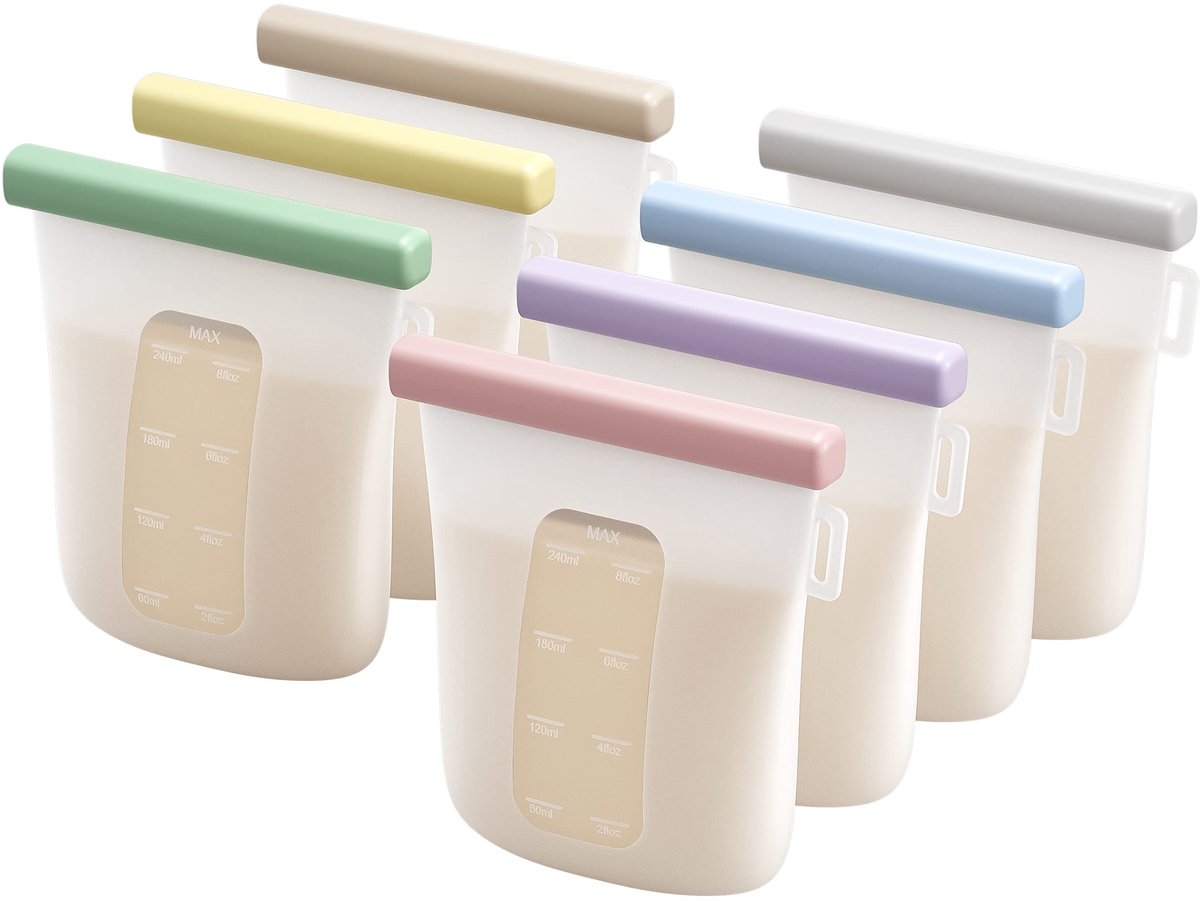 7 Stuks Siliconen Moedermelk Opbergzakken Herbruikbare, Dubbele Lekvrije Moedermelk Vriezer Tassen, BPA Gratis 8oz/240ml Zelfstaande Melkzakken voor Borstvoeding
