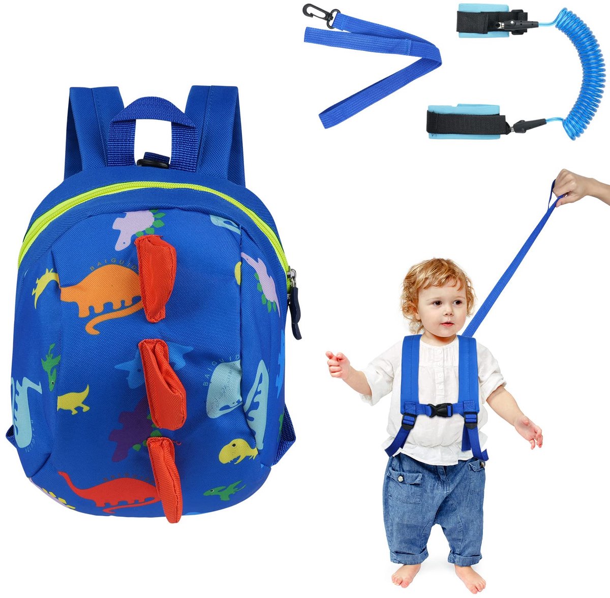 AOMIG Veiligheidslijn voor baby‘s en veiligheidsharnas voor peuters, voorkomt verloren lopen, dinosaurusthema voor jongens en meisjes (blauw)