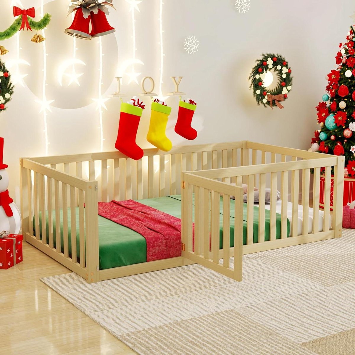 Kinderbed met Omheining - Houten Bed Hek - Spelen en Slapen - Met Deur - 90 x 200 cm - Naturel