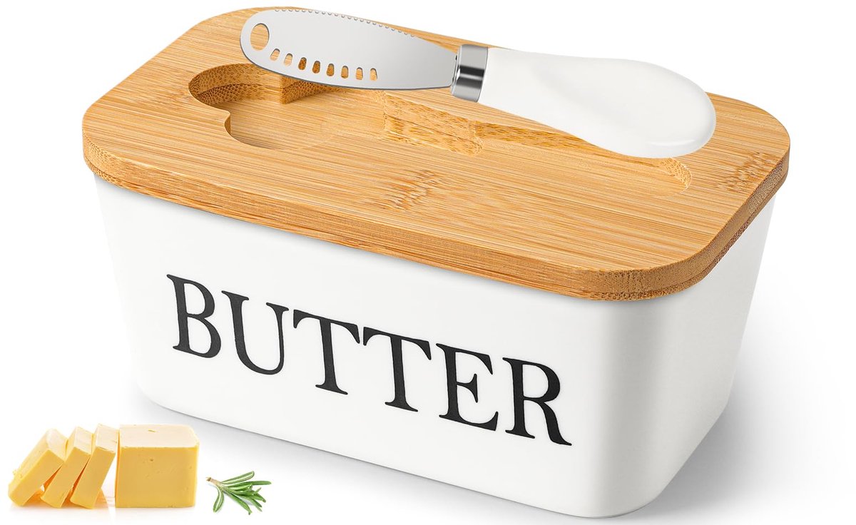 botervloot met houten deksel, keramische botervloot met botermes, multifunctionele porseleinen, van 250 g, boterkoepel, boterdoos