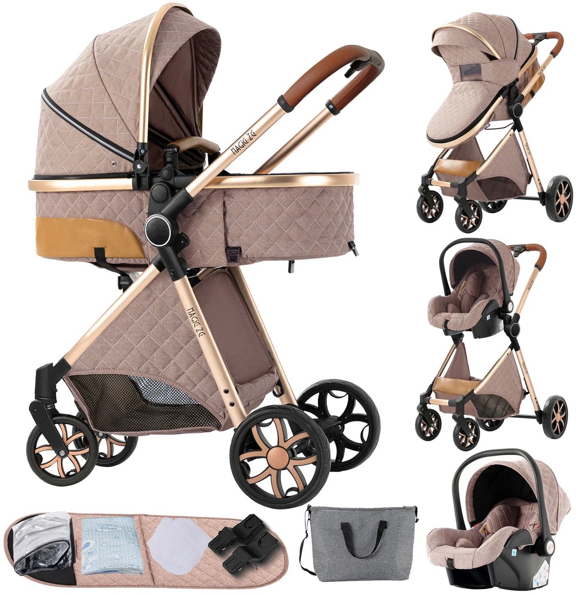 Brandistry - 3 in 1 kinderwagen - Kinderwagen - Maxi Cosi - Wandelwagen - Lichtgewicht - Regenhoes - Met Patroon - Khaki