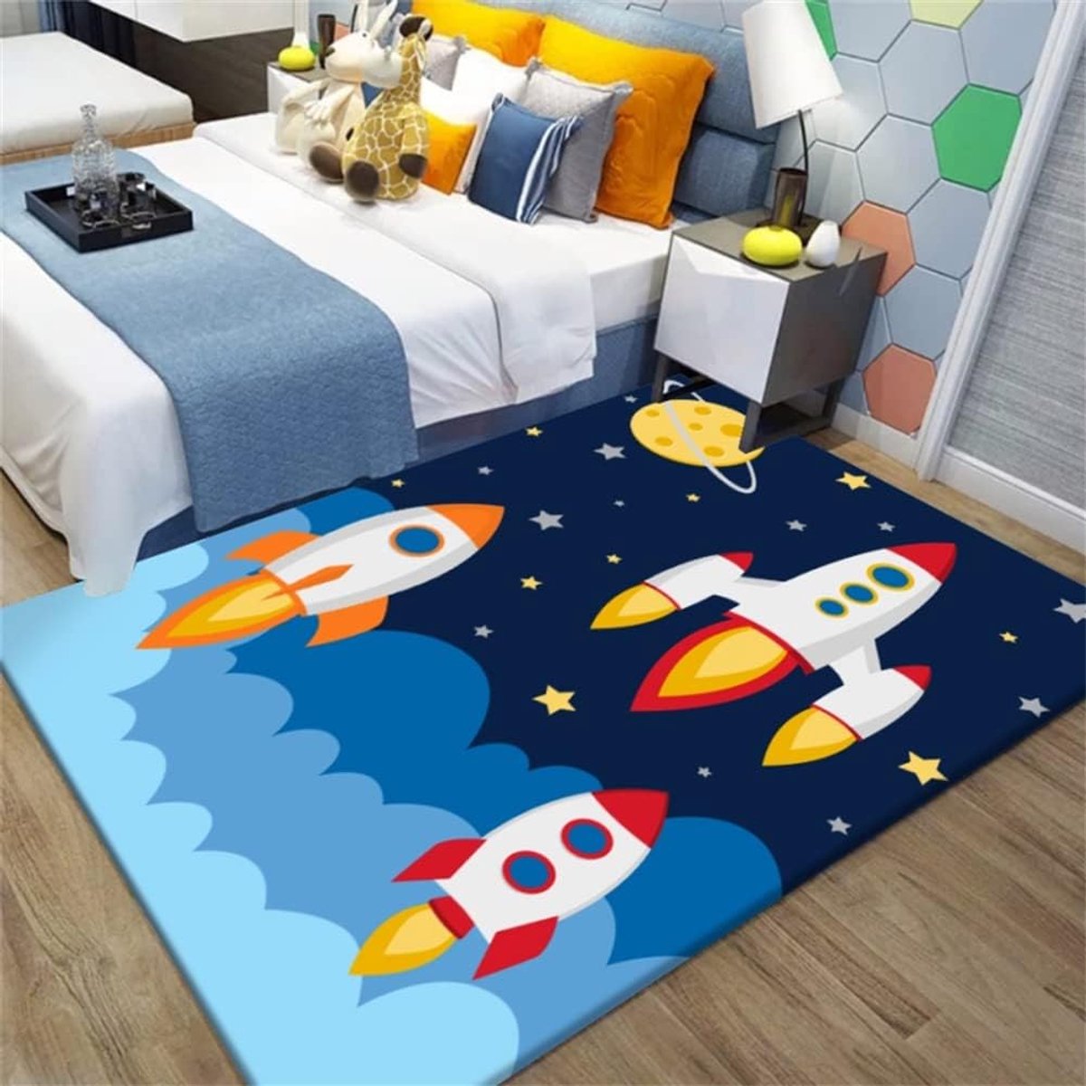 Kindertapijt cartoon planeetastronauttapijt,antislip, Blauw Zwart, tapijten voor jongens en meisjes, wasbaar (A, 80 x 160 cm)