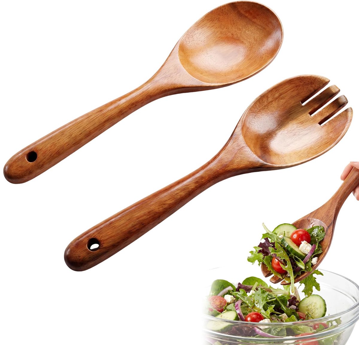 Slabestek van hout, 26 cm, olijfhout, lange handgreep, slalepel, slavork, natuurlijk houten bestek, kooklepel, keukenhulp voor het mengen, koken, salade, pasta, fruit