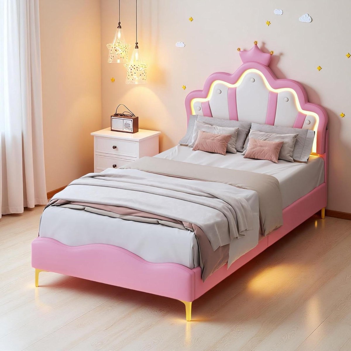 Prinsessenbed met LED - Kinderbed Meisjesbed - Slaapkamer Inrichten - Kroonvorm Hoofdeinde - 90 x 200 cm - Roze