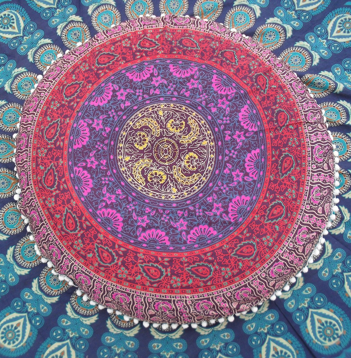 Vloerkussen, decoratieve kussenslopen 81 cm, Indiase poef, Boho Ottoman, Pom Pom Outdoor Kussenhoes, Boho Kussen Shams, Huisdier Beddengoed (met Vuller Insert)