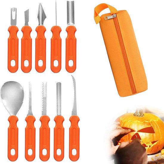 Pompoen snijgereedschapsset voor Halloween - 10 stuks - hoogwaardig roestvrij staal - met opbergtas - voor volwassenen en familie - voor Halloween party en decoratie