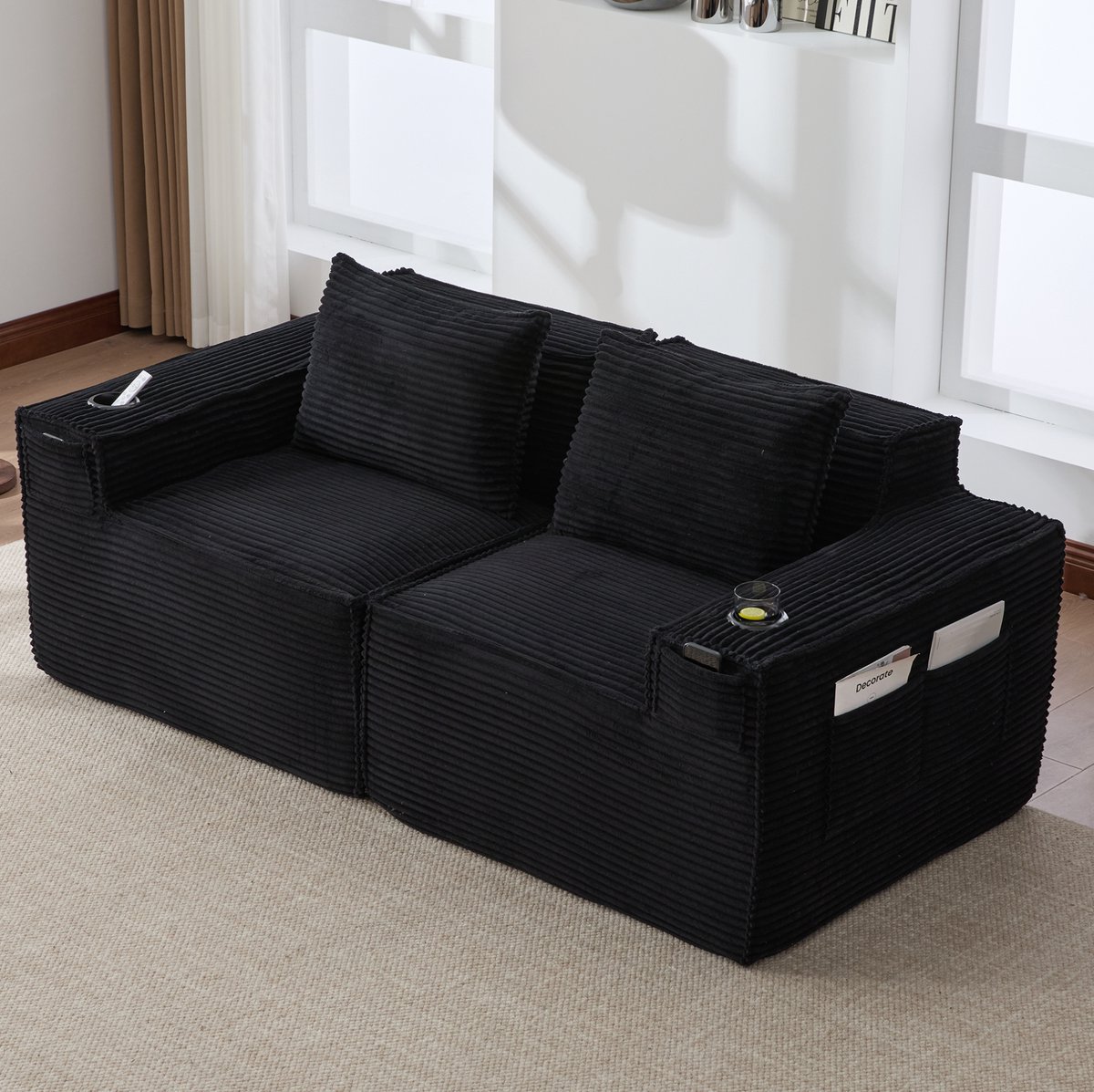 STILVORA Zitbank 188 Cm - Modulair 2-Zits Met Bekerhouders En Zijvakken - Voor Woonkamer En Appartement - Corduroy - Zwart