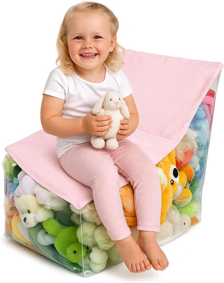 Zitzak Stoel - Opbergzak Knuffels - Speelgoed Organiseren - Duidelijk Weergavepaneel - 46x46x30 cm - Roze