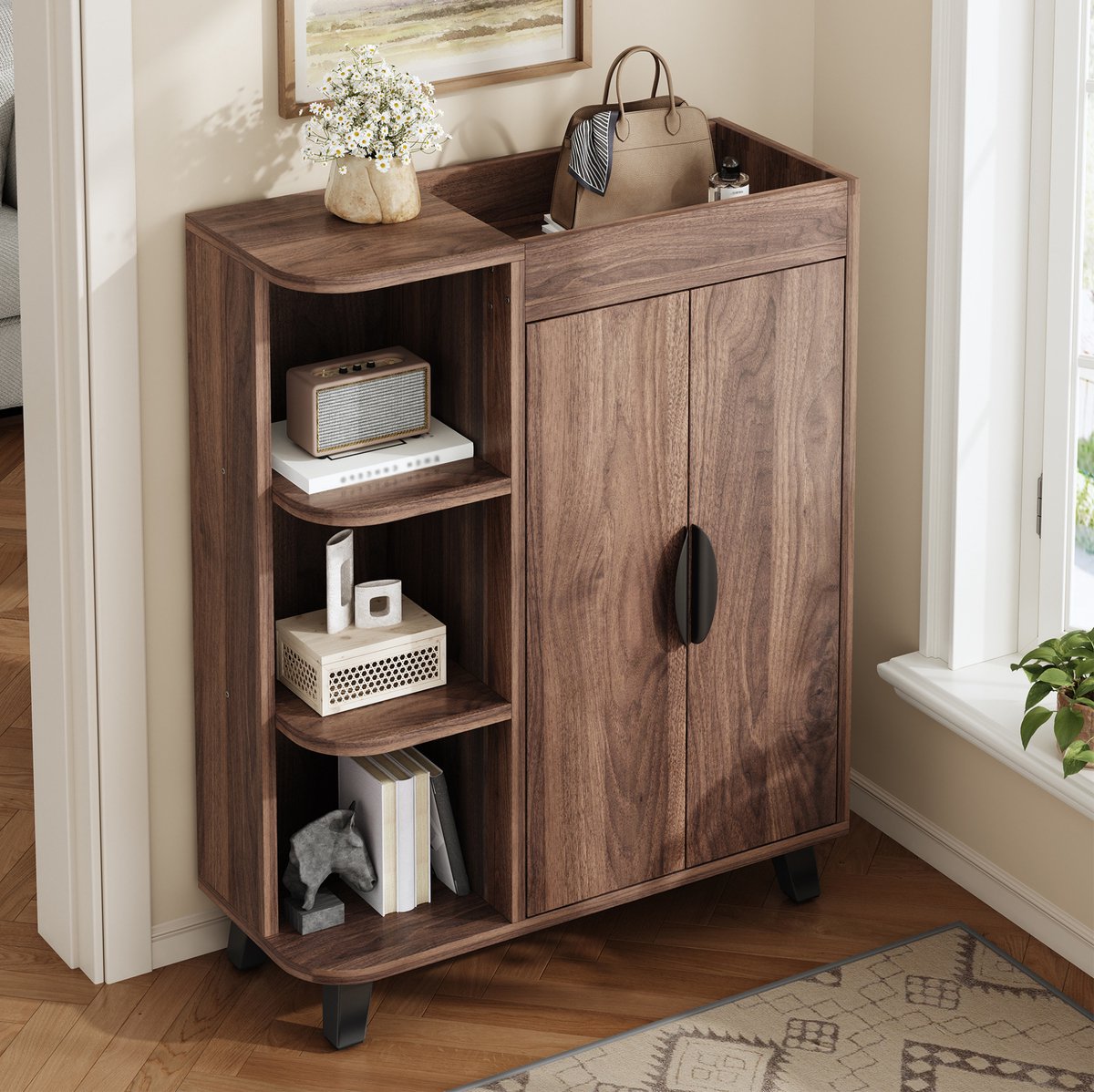 MIVRAY Schoenenkast - Smal Opbergmeubel Met Open Vakken En Dubbele Deur - Voor Hal En Kleine Ruimtes - Spaanplaat - 80x32x99 Cm - Walnoot