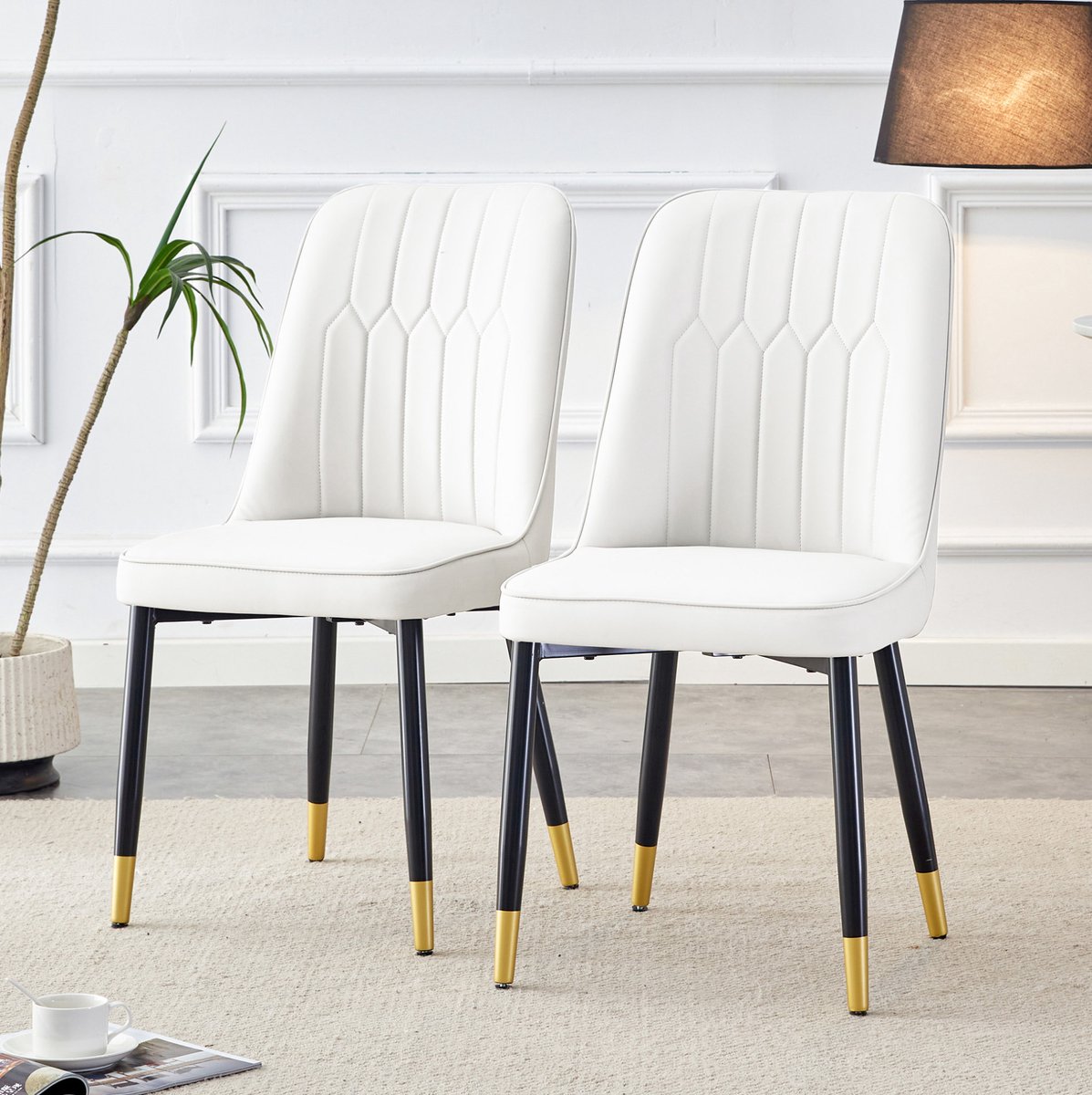 DESMIU Eetkamerstoel 43 x 41,5 x 89 cm - Set Van 2 Met Gestoffeerde Zitting En Ergonomische Rugleuning - Voor Eetkamer Keuken En Slaapkamer - Kunstleer Metaal - Wit Zwart