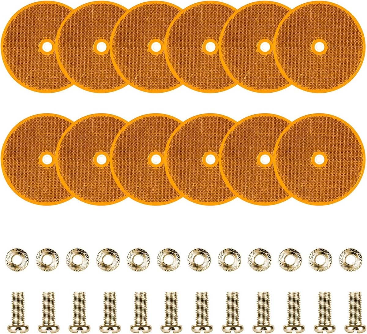Set van 12 Gele Reflectoren Ø 80 mm, Veiligheidsreflectoren met Schroeven voor Barrières, Caravans en Voertuigen