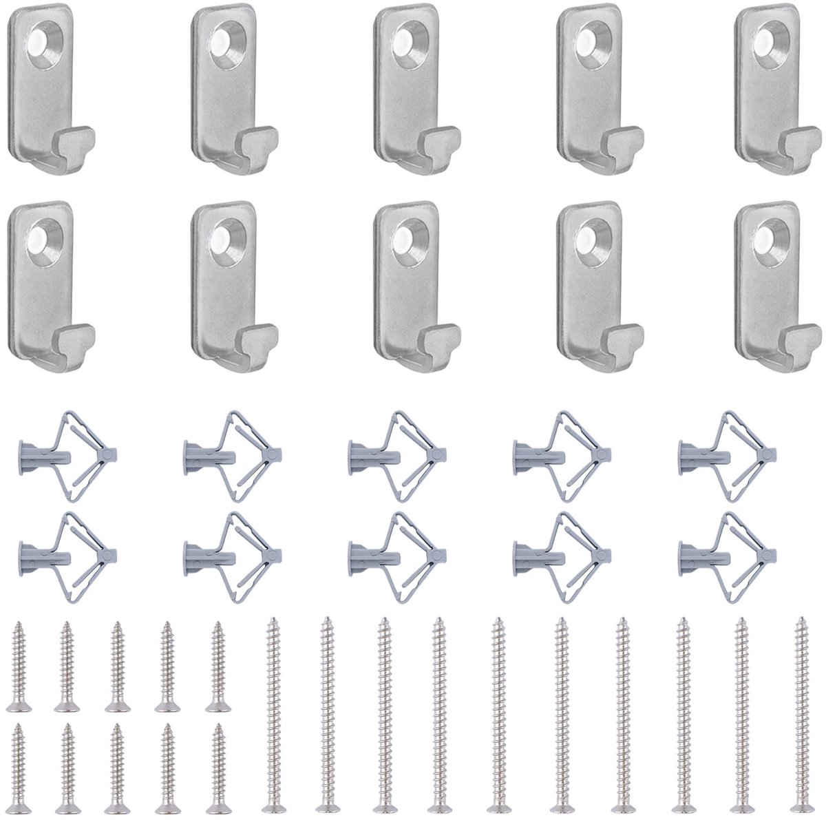 Zilveren T-vormige hangers, 10 stuks roestvrijstalen mini-wandhaken hanger J haken, zware wandgemonteerde hangers voor spiegelfotolijsten opknoping (met vliegtuiguitbreidingsbuizen)