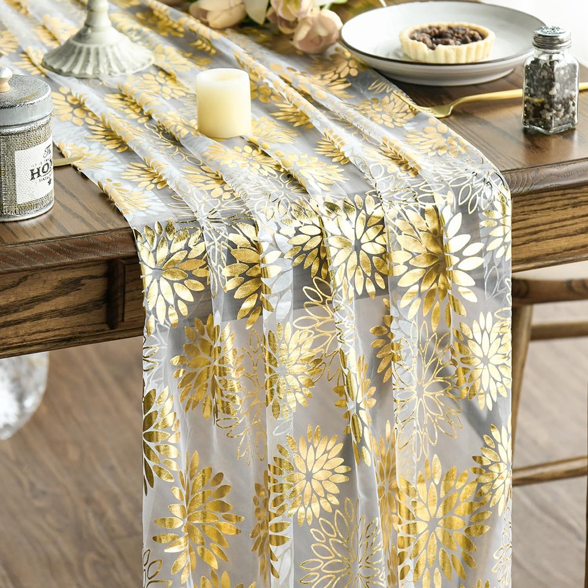 Mode Gaze tule beige goud bloemen dahlia's tafelloper 70 x 300 cm, keuken tafeldecoratie binnen vakantie party decoratie
