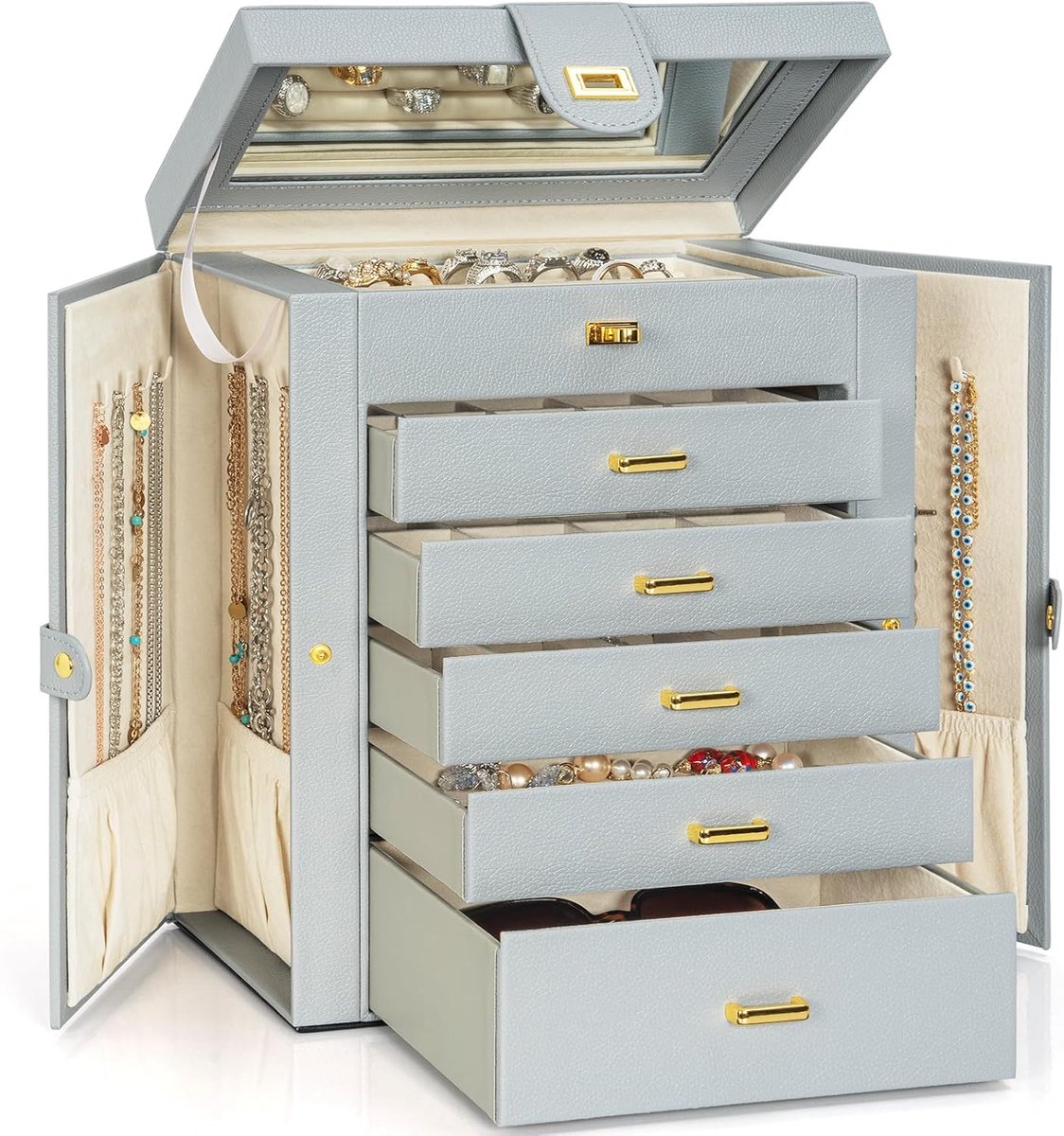 Grote Sieraden Doos Organizer - Functionele Slotbare Opbergdoos met Grote Spiegel, Leren Sieraden Opbergzak voor Vrouwen en Meisjes - Houders voor Ringen, Kettingen, Oorbellen en Armbanden - Grijs