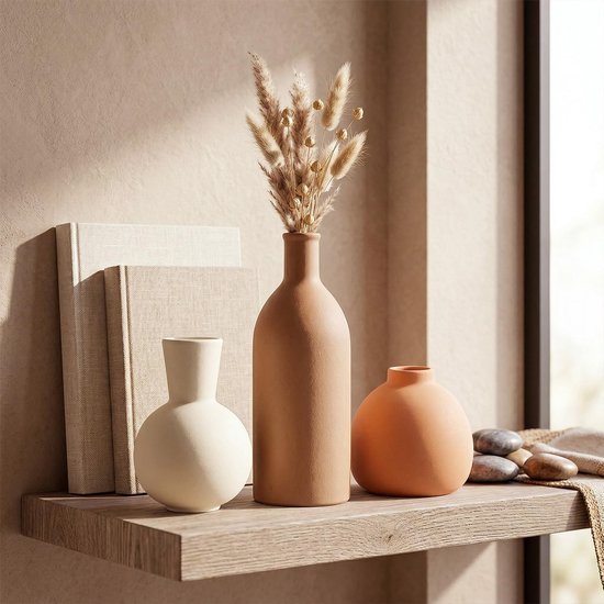 Vazenset, 3-delig, Iconic Home vaas voor pampasgras en gedroogde bloemen, moderne tafeldecoratie in beige en bruin, neutrale boho, Scandinavische vaas, hoog, voor woonkamer