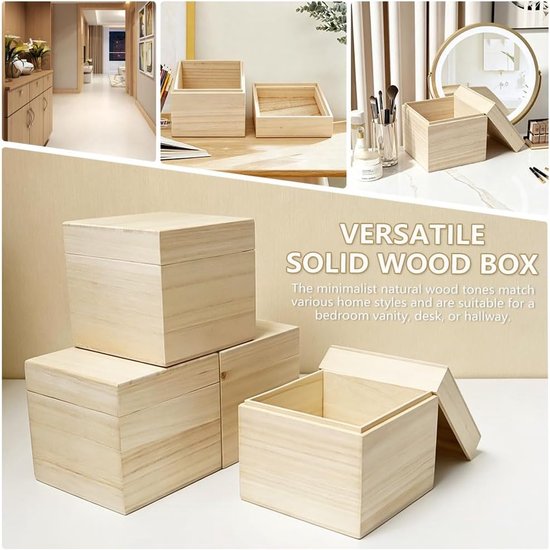 4 stuks kleine vierkante houten kisten van onbehandeld hout met deksel, decoratieve houten kisten voor doe-het-zelf handwerk en containers, 12 x 12 x 11,2 cm — afbeelding 5
