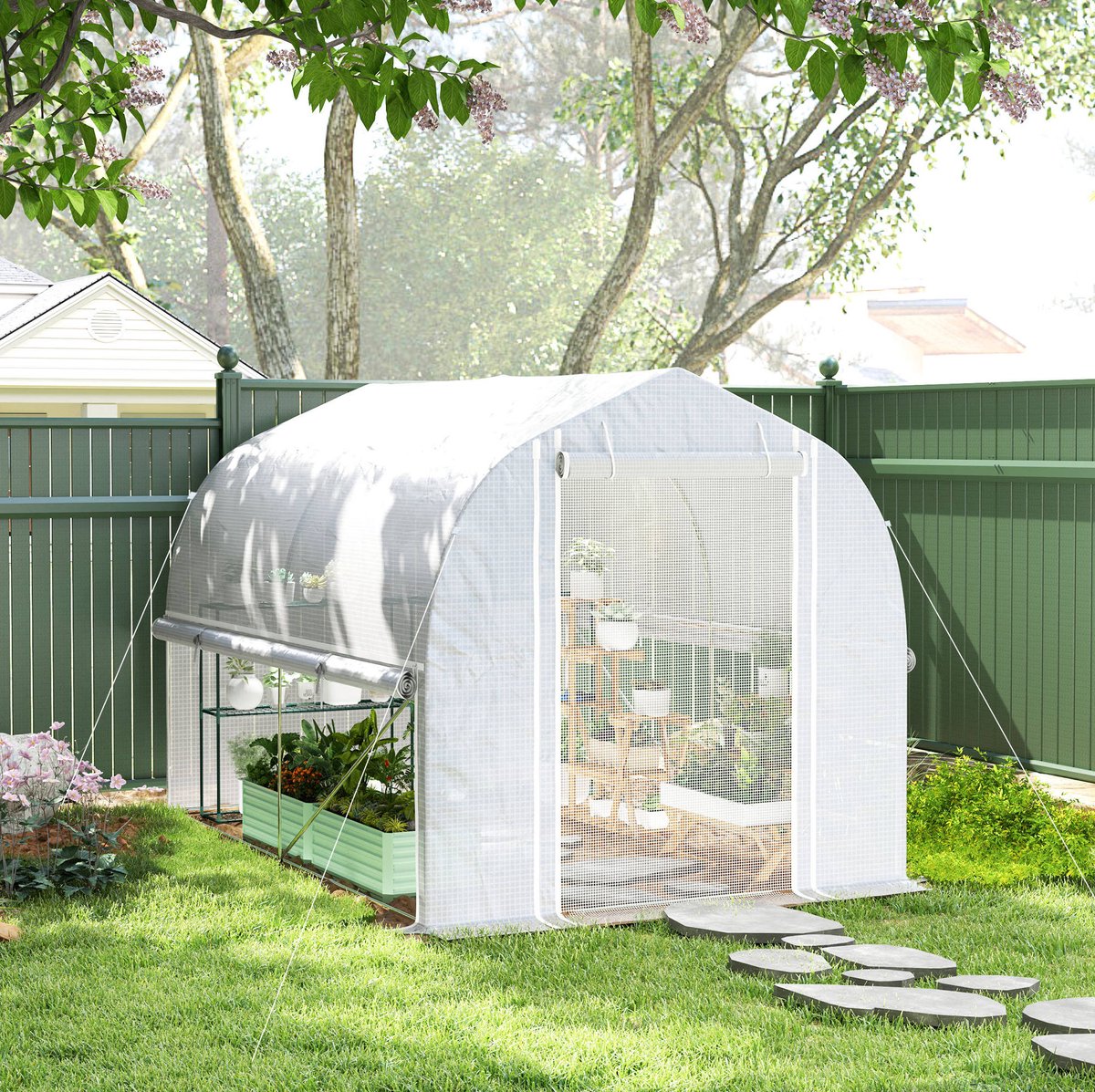 MEUNIQ Tunnelkas 300 x 200 x 200 cm met 4 ramen en oprolbare deur, foliekas met rolbare zijwanden, UV-bestendige PE-afdekking en gegalvaniseerd stalen frame, wit