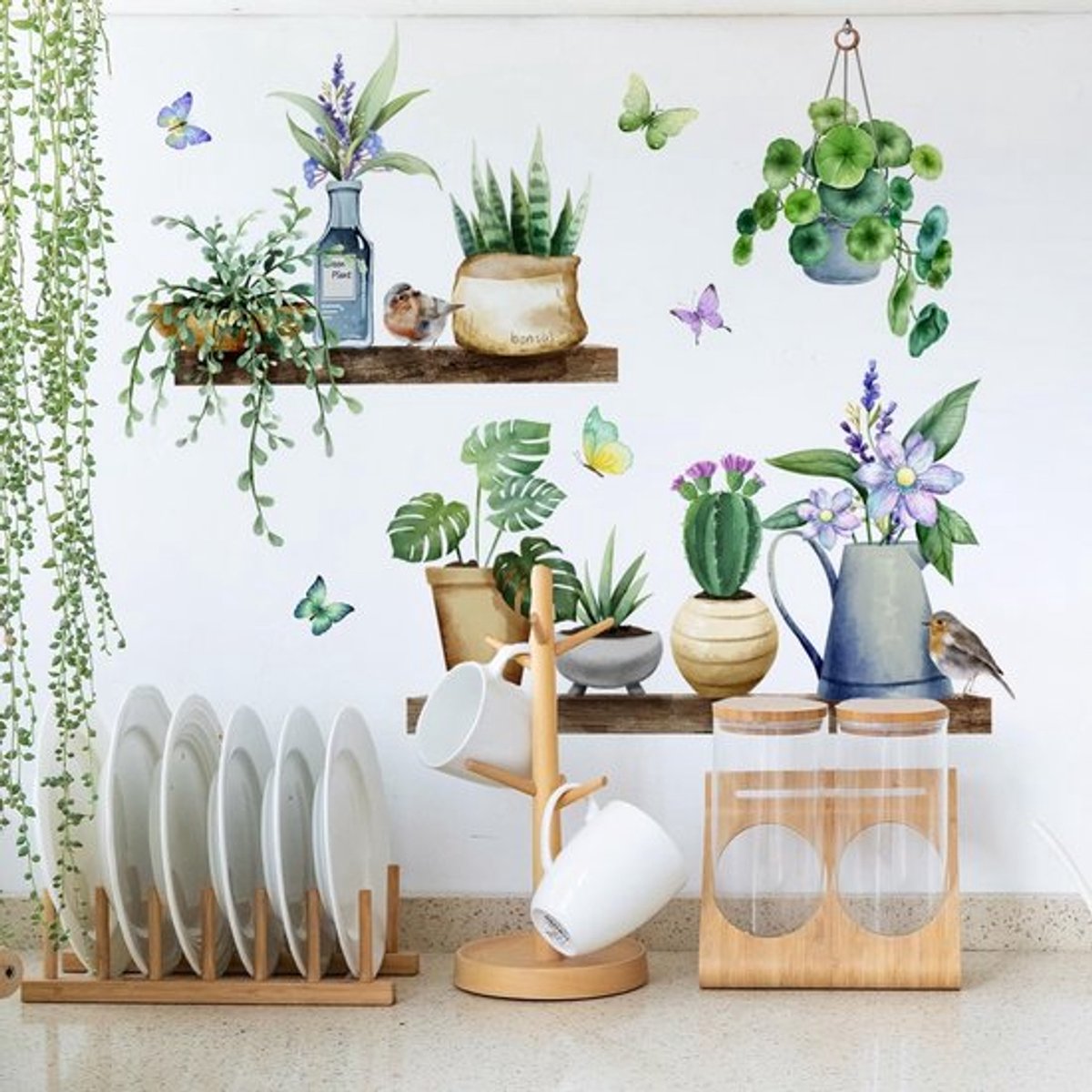 Golden crown - Groene potplant muursticker - Muurdecoratie voor